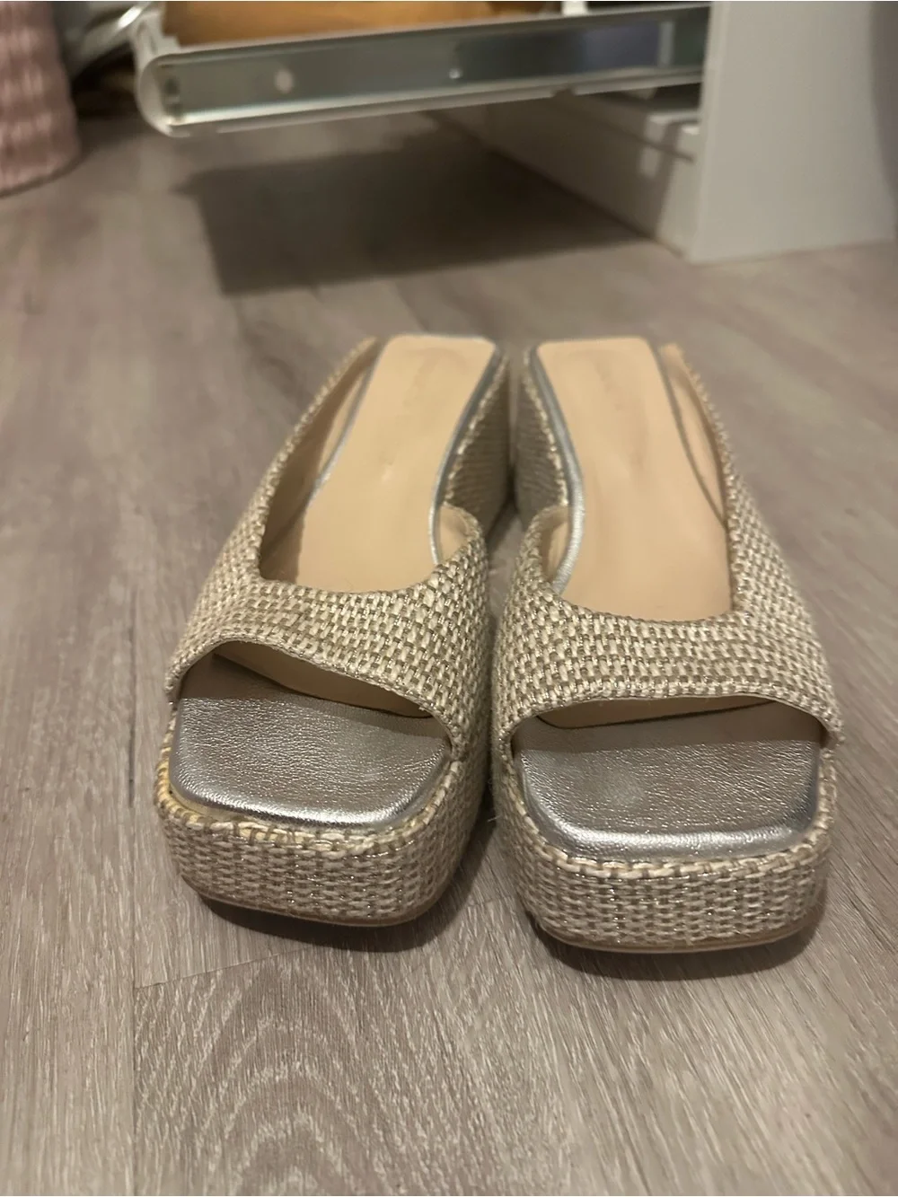 Beige Woven Platform Slide Sandals with Silver Toe - Unbranded